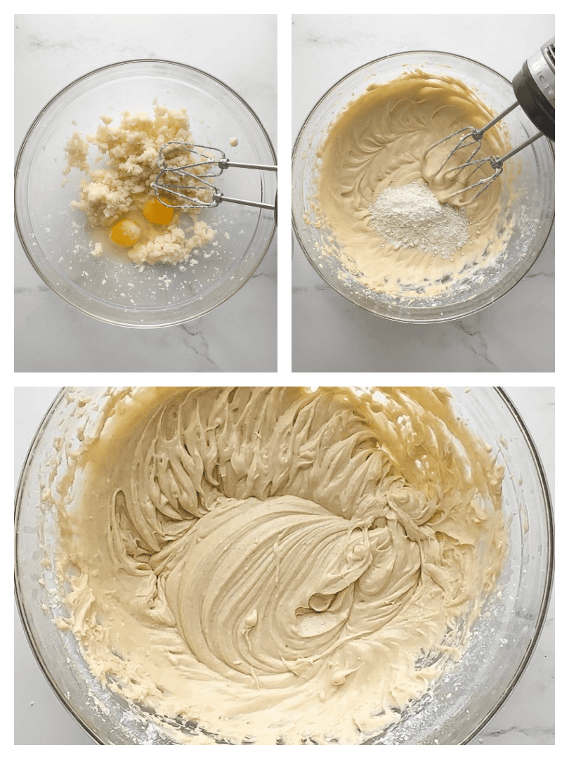 Collage showing butter and sugar beaten with eggs, topped with dry ingredients, and fully mixed vanilla cake batter.