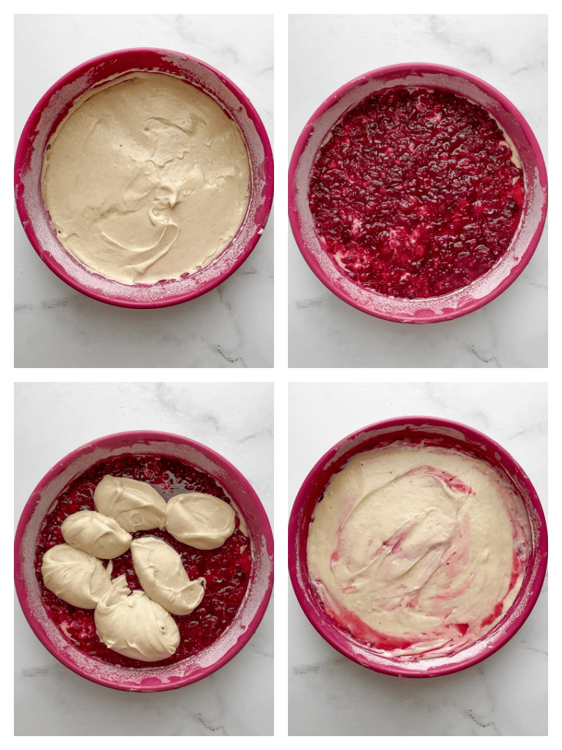 Collage of pink round cake pan with bottom batter, topped with pulsed cranberries, dollops of remaining batter, and smoothed top layer.