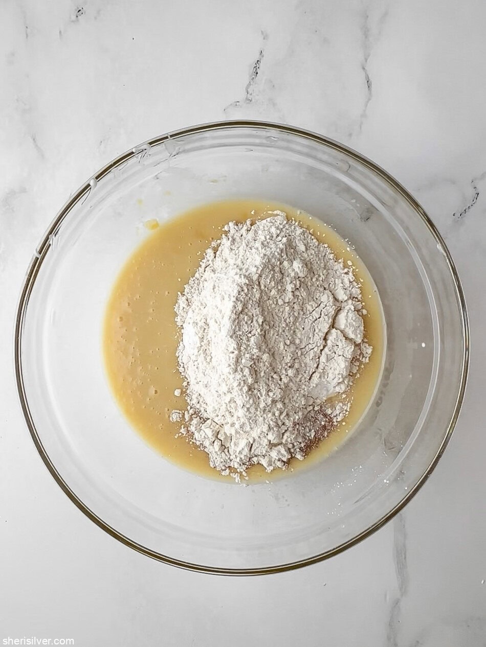 Dry ingredients added to whisked wet mixture to make easy honey lemon yogurt cake batter.