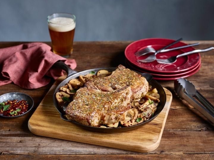 Maple-Mustard Roasted Pork Chops with Braised Mushrooms #ad