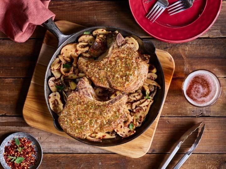 Maple-Mustard Roasted Pork Chops with Braised Mushrooms #ad