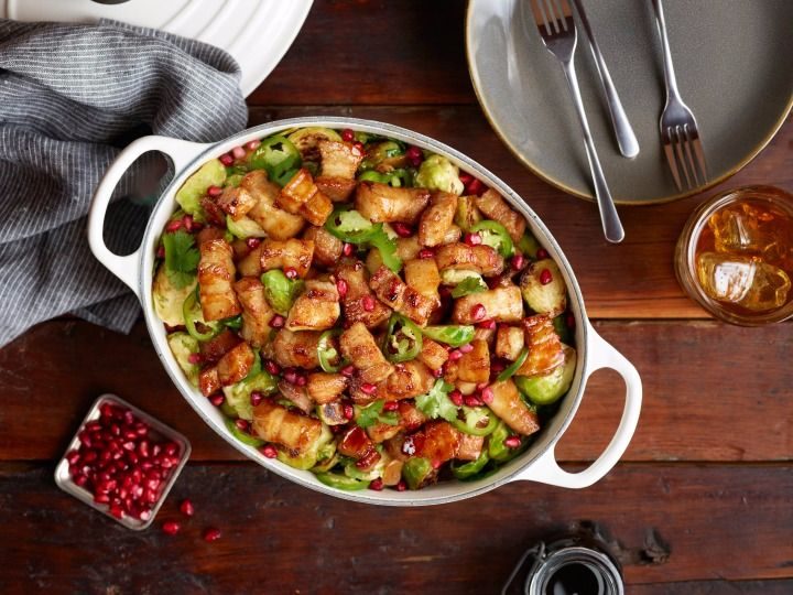 Pan Roasted Pork Belly with Brussels Sprouts and Pomegranate #ad