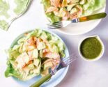 salmon salad with citrus vinaigrette in ceramic bowls with vintage forks and printed cloth napkin