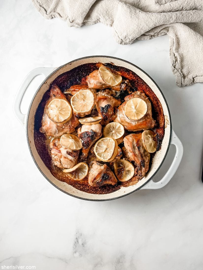 arnold palmer chicken in a ceramic skillet