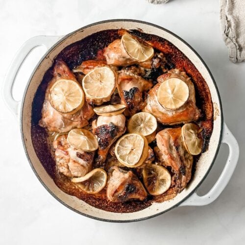 arnold palmer chicken in a ceramic skillet