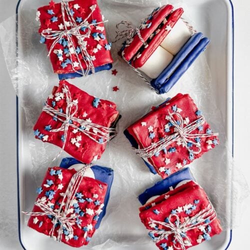 red white and blue smores wrapped in bakery twine in a white enamel tray
