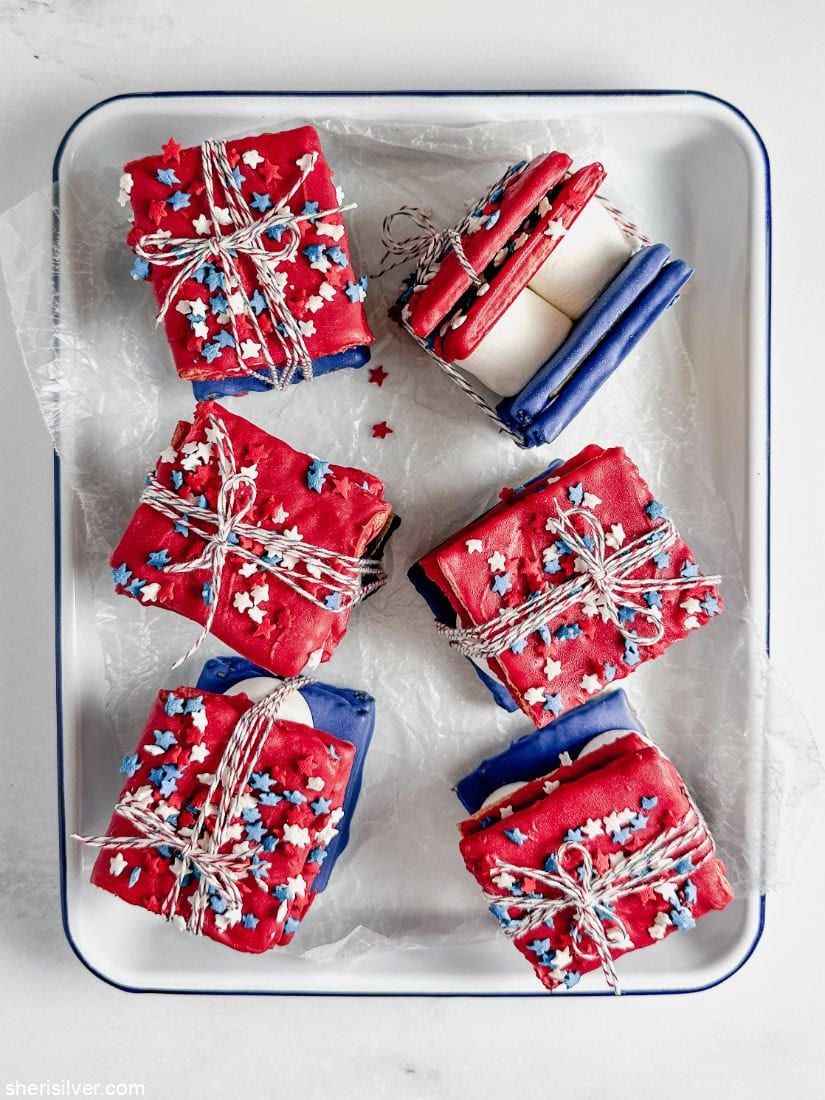 red white and blue smores wrapped in bakery twine in a white enamel tray