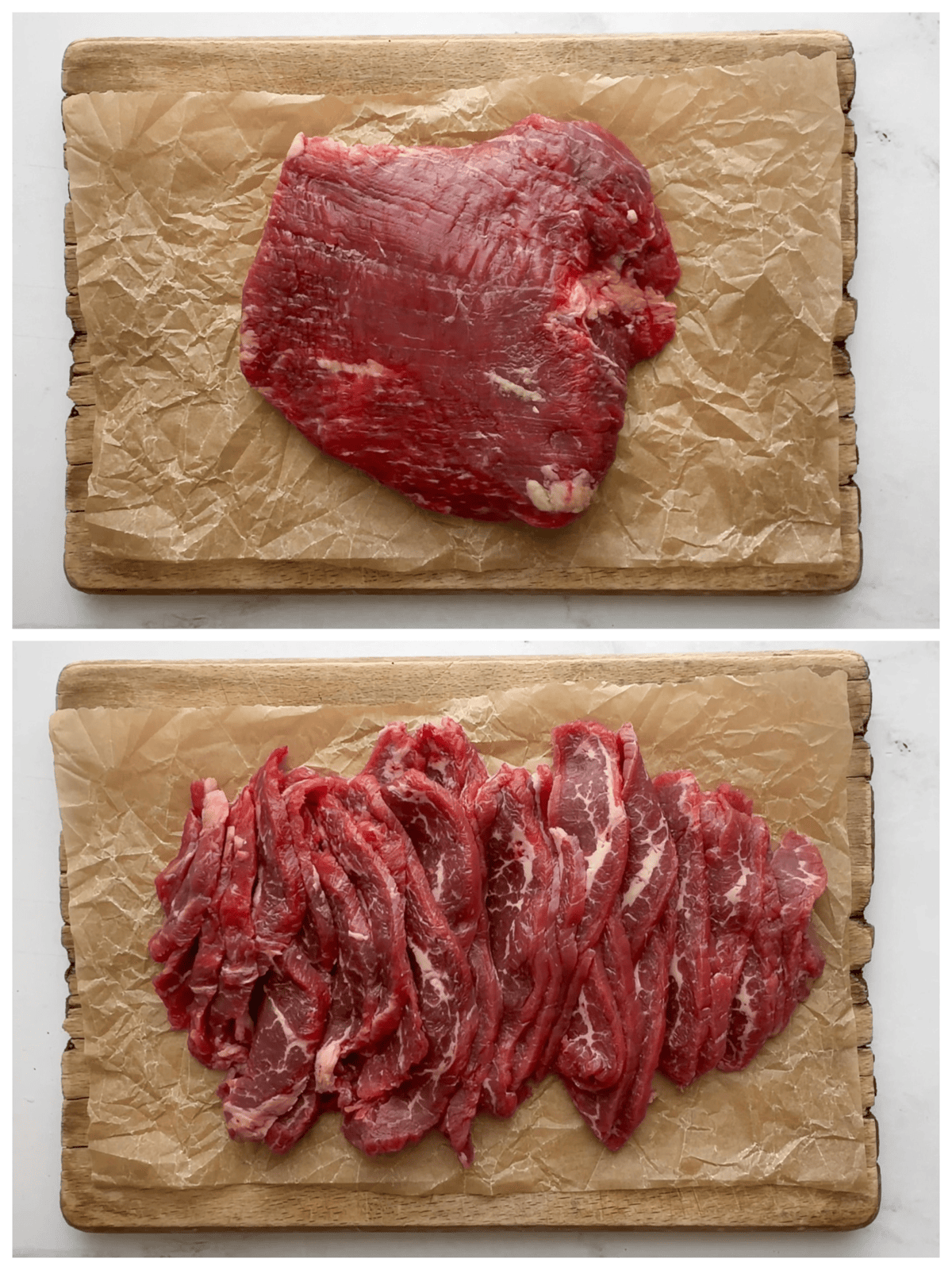 Two-panel collage showing whole flank steak and thinly sliced flank steak against the grain on a wood cutting board