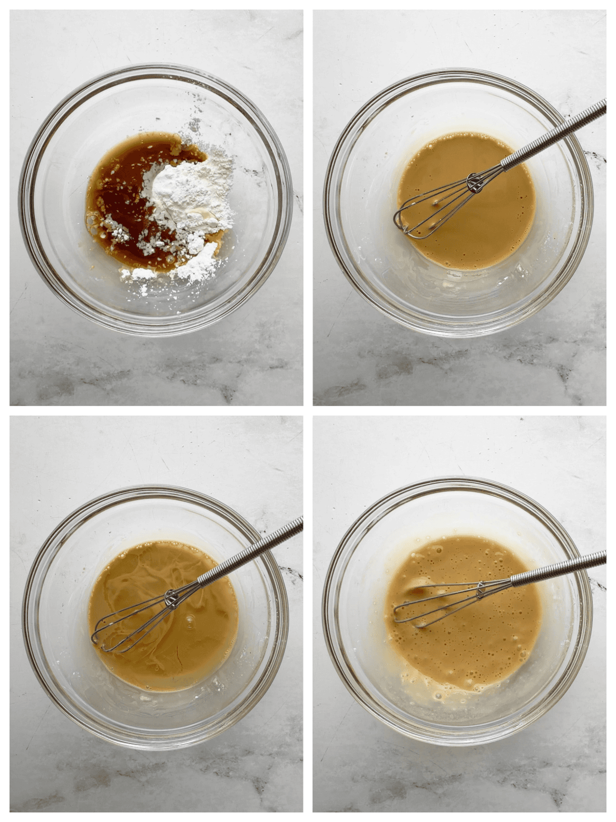 Step-by-step collage showing the velveting marinade ingredients being whisked together in a glass bowl