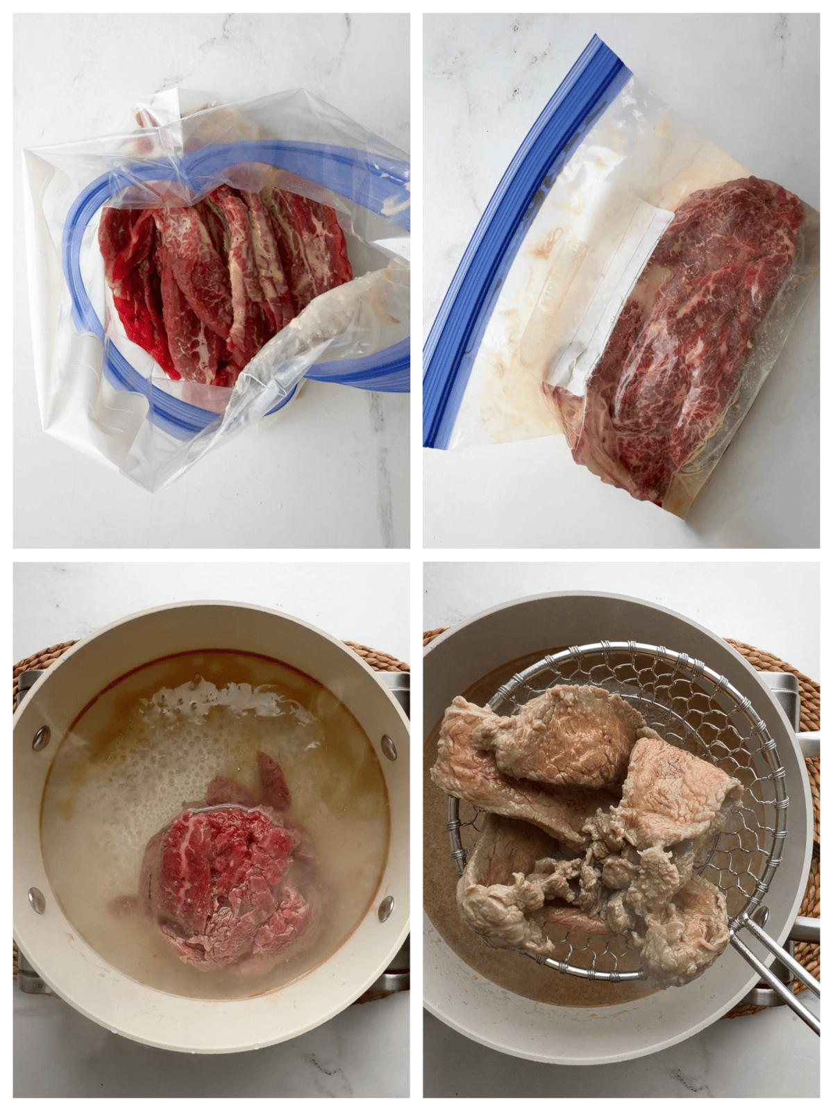 Step-by-step collage showing flank steak in velveting marinade in a zip-top bag, beef blanching in salted water, and removing with a spider strainer