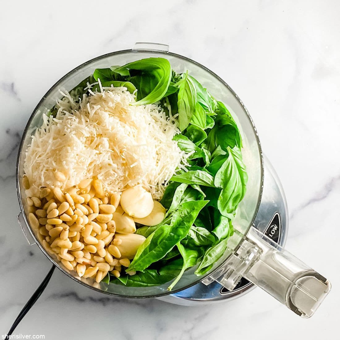 pesto ingredients in food processor