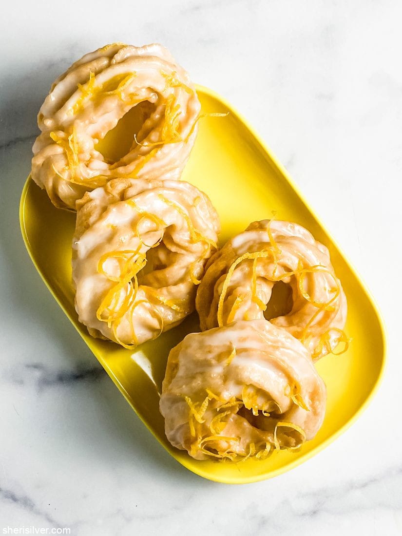 two ingredient doughnuts on a yellow tray