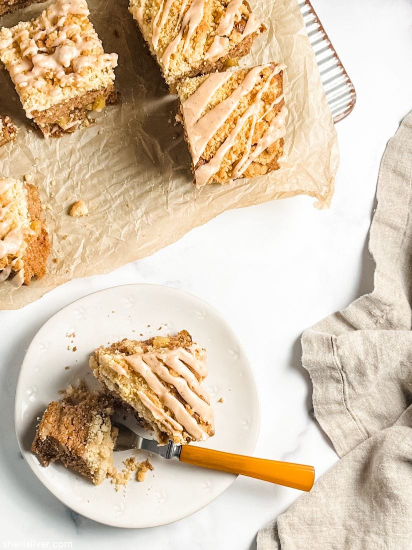 pumpkin butter coffee cake on a plate with linen napkin
