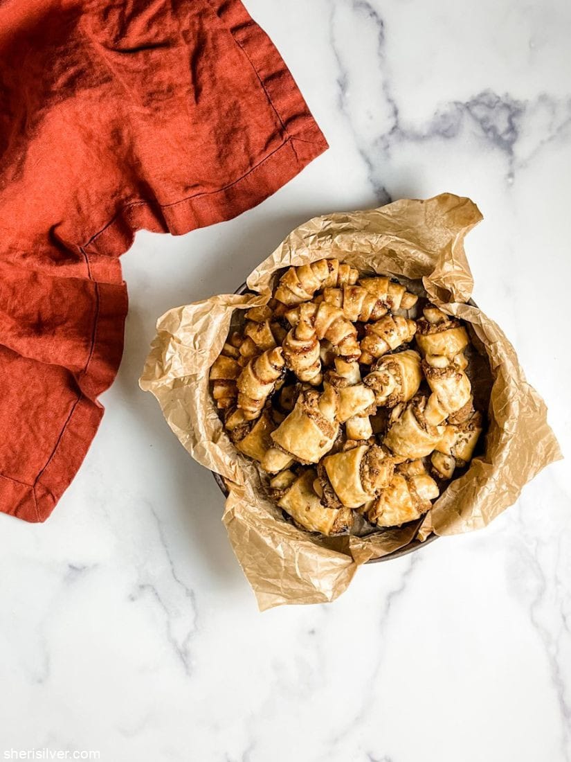 rugelach in a parchment lined tin