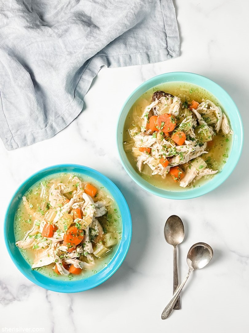 chicken stew in blue bowls