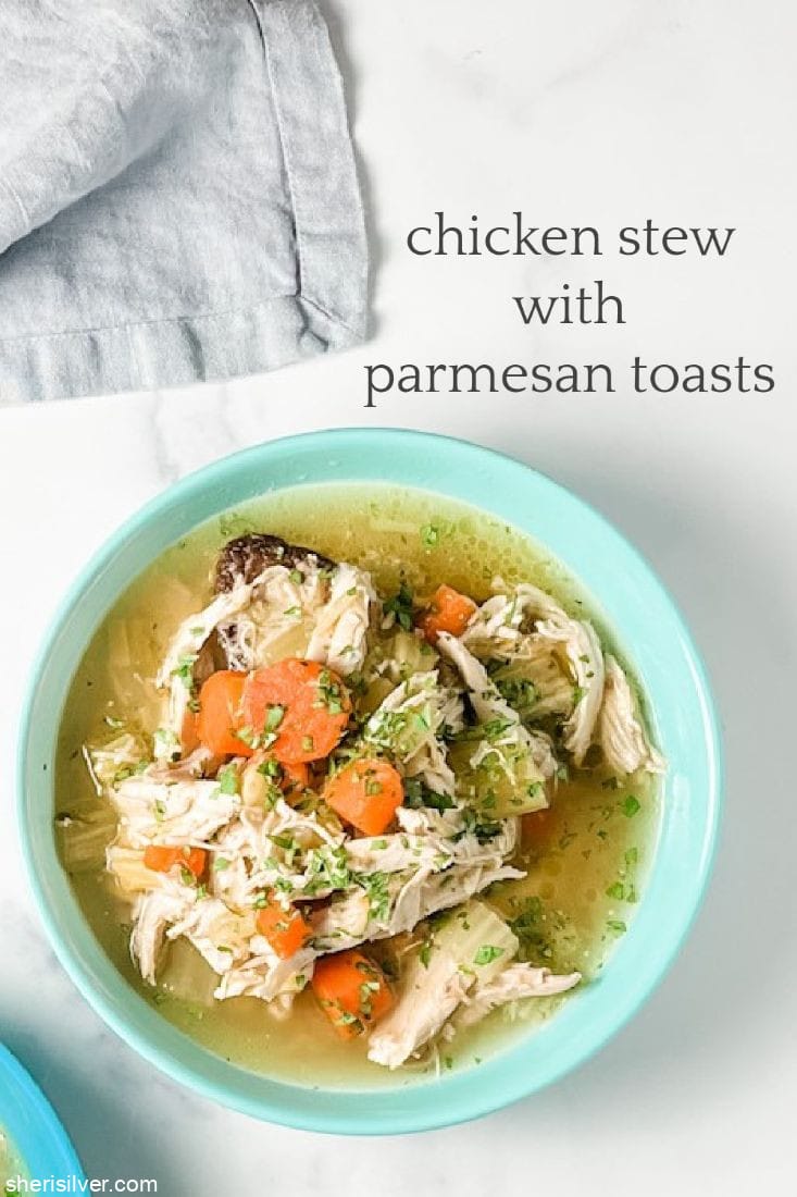 chicken stew in a blue bowl