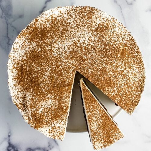 flourless chocolate cake with slice cut out