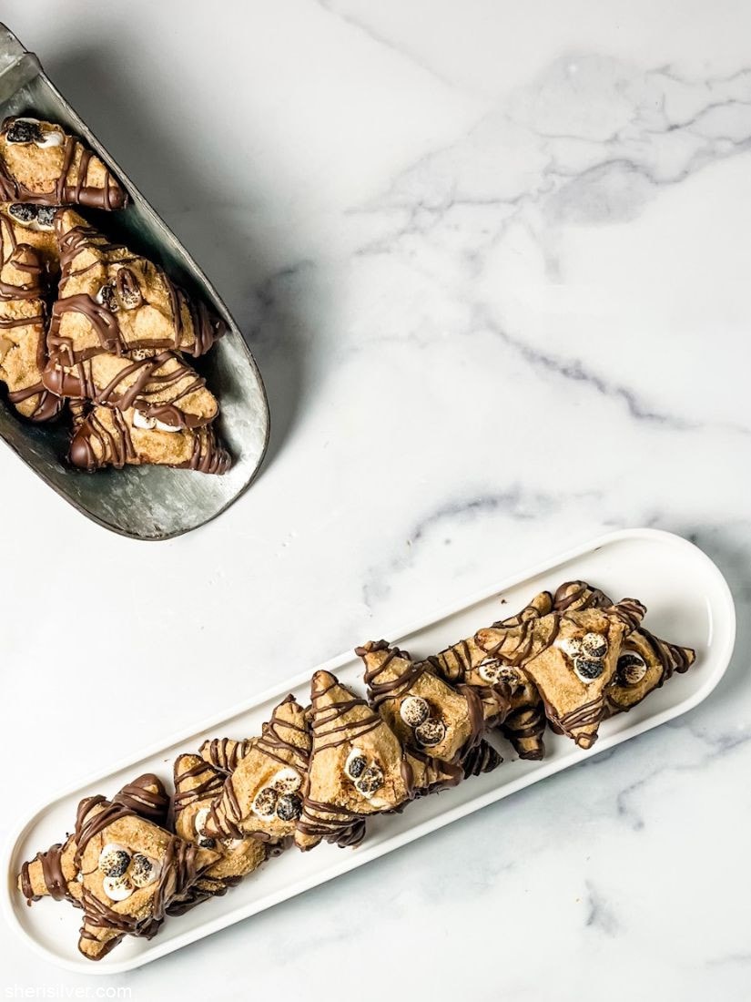 s'mores hamantaschen on a white tray