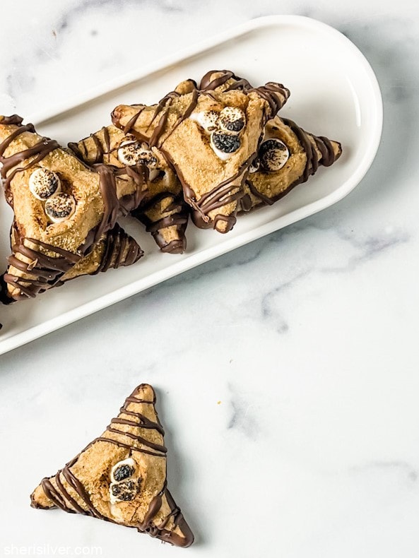 s'mores hamantaschen on a white tray