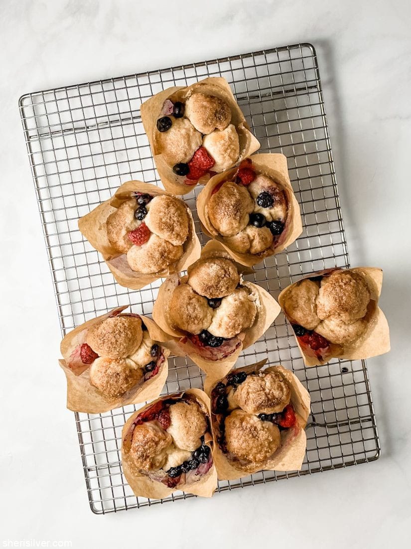 red white and blue monkey bread muffins on a cooling rack