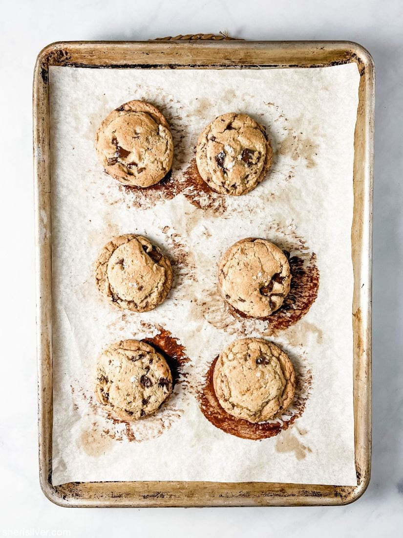 chocolate chunk cookies on a baking sheet