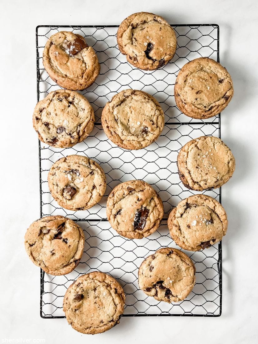 chocolate chunk cookies on a wire rack