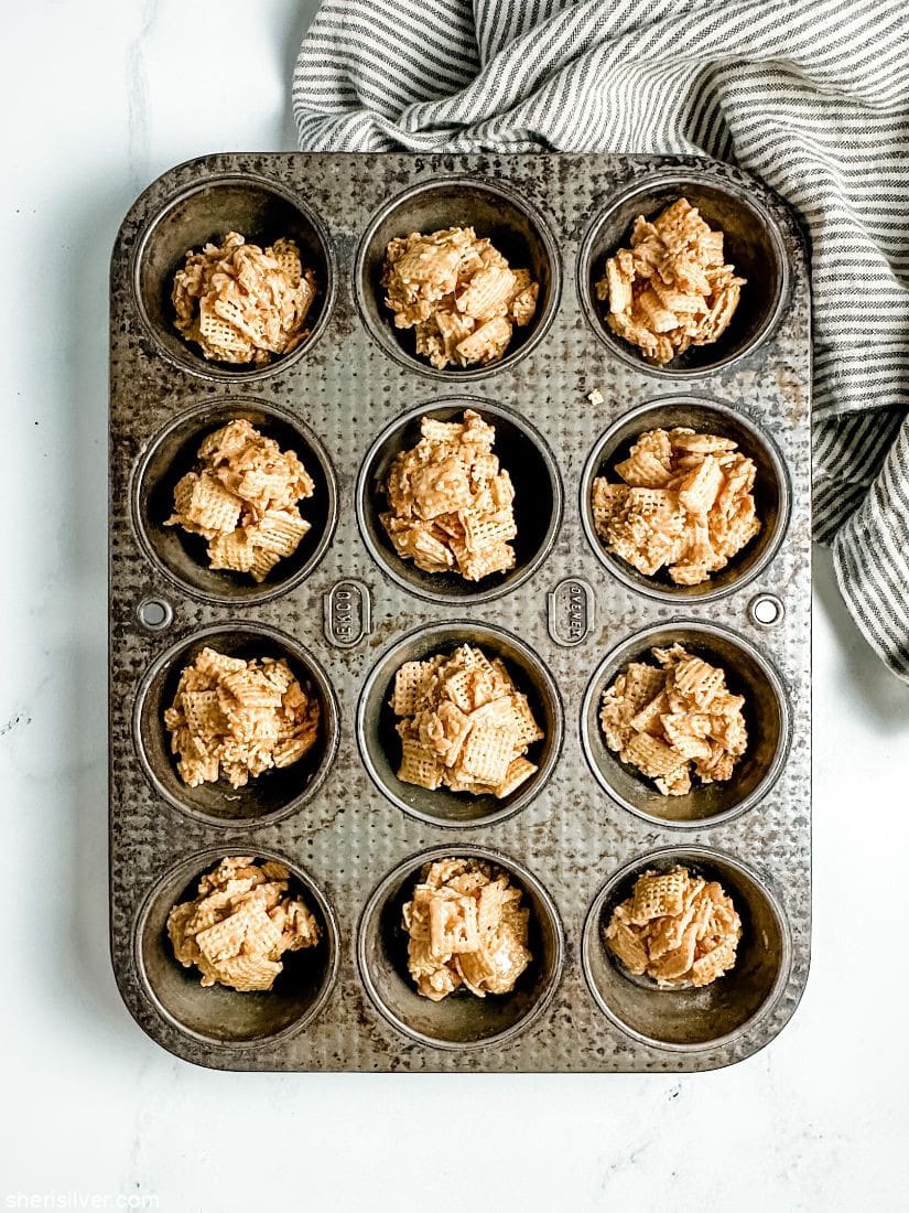 no bake cereal clusters in a vintage metal muffin tin