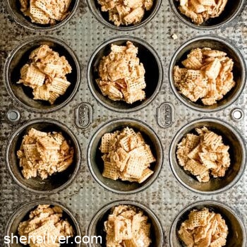 no bake cereal clusters in a vintage metal muffin tin