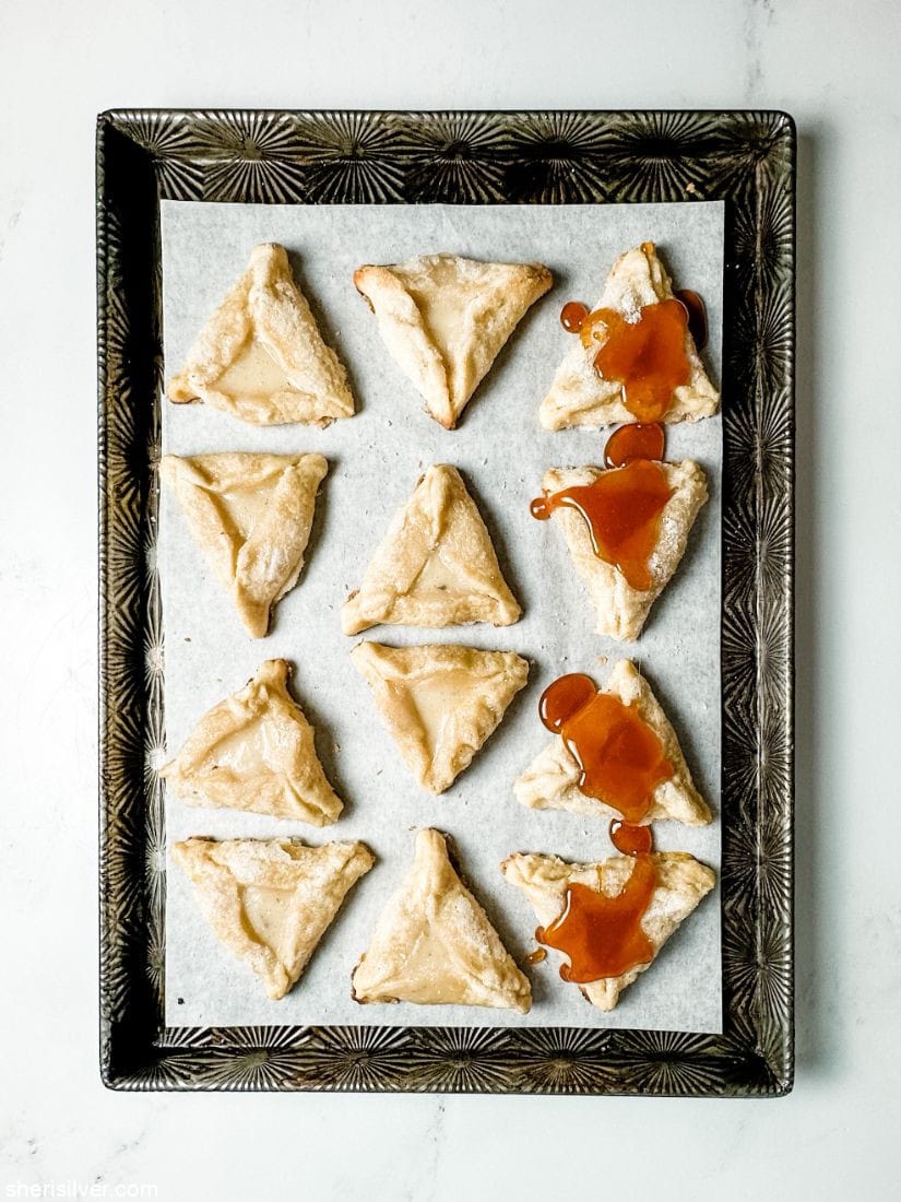 creme brulee hamantaschen on vintage baking sheet
