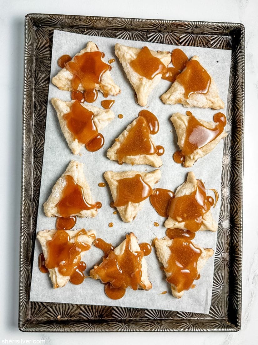 creme brulee hamantaschen on vintage baking sheet