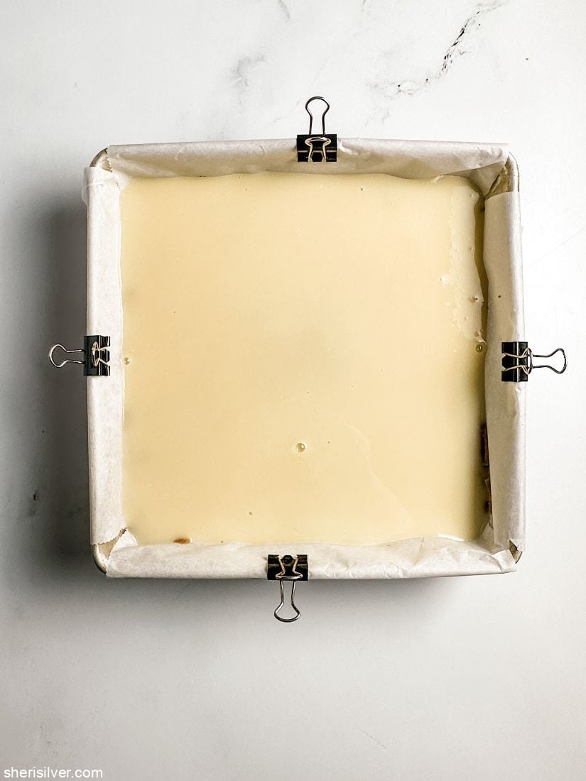 white chocolate ganache in a baking pan