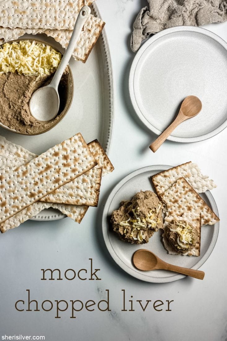 mock chopped liver on ceramic plates with matzoh