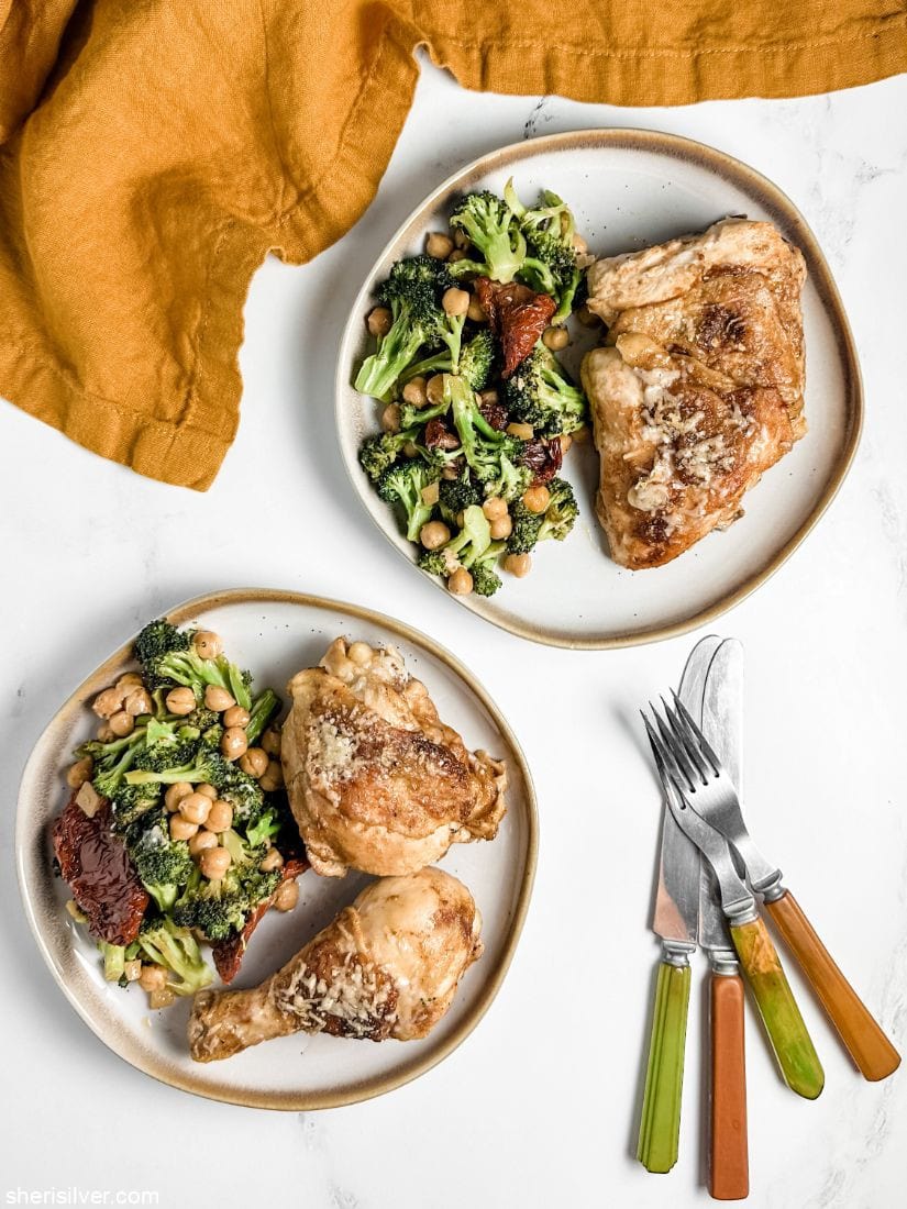sheet pan chicken with broccoli and chickpeas on ceramic plates