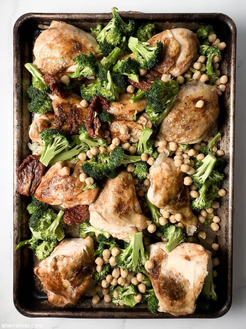sheet pan chicken with broccoli and chickpeas