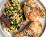 sheet pan chicken with broccoli and chickpeas on a ceramic plate