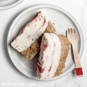 strawberry cottage cheese ice cream bars on a white plate