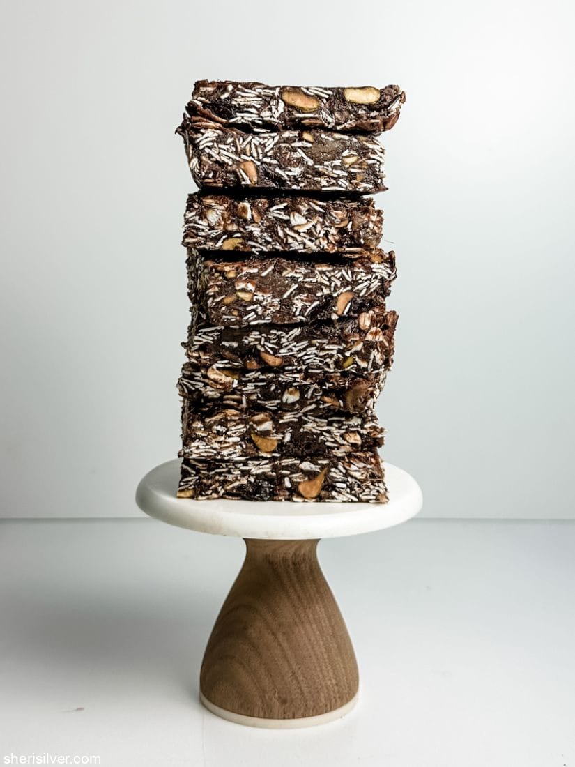 chocolate granola bars on a mini cake stand