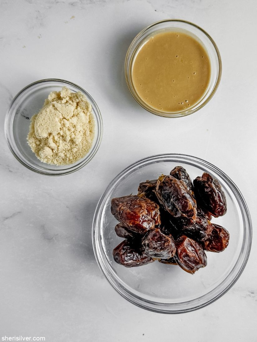 glass bowls filled with tahini almond flour and dates