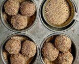 tahini date truffles in a vintage muffin tin with a dish of coffee cake sugar