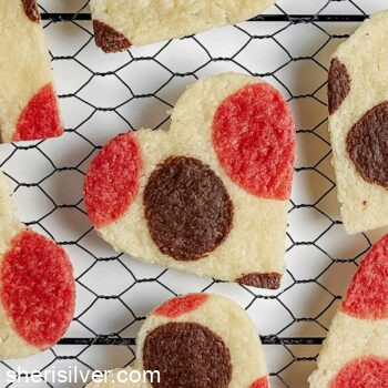 polka dot heart cookies on a wire rack