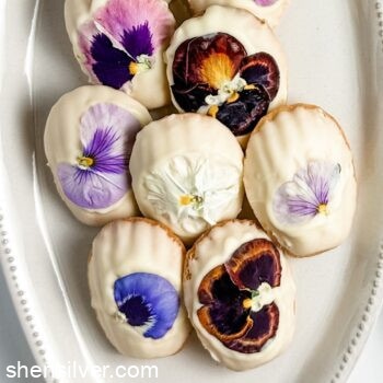 pansy madeleines on a white tray