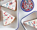 red white and blue cake slices in enamelware plates with dish of red white and blue sprinkles