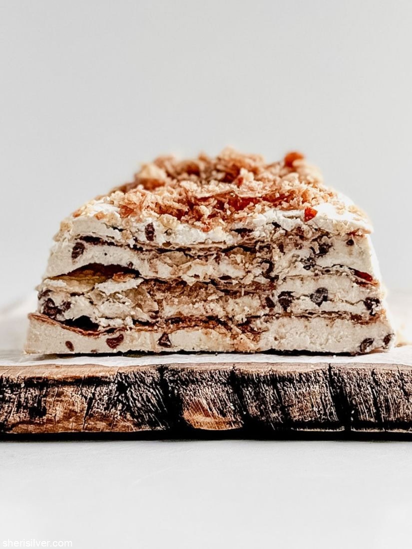 cannoli icebox cake on a wooden board
