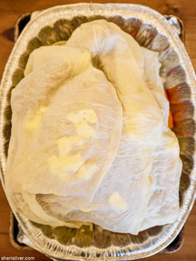Thanksgiving turkey covered with cheesecloth