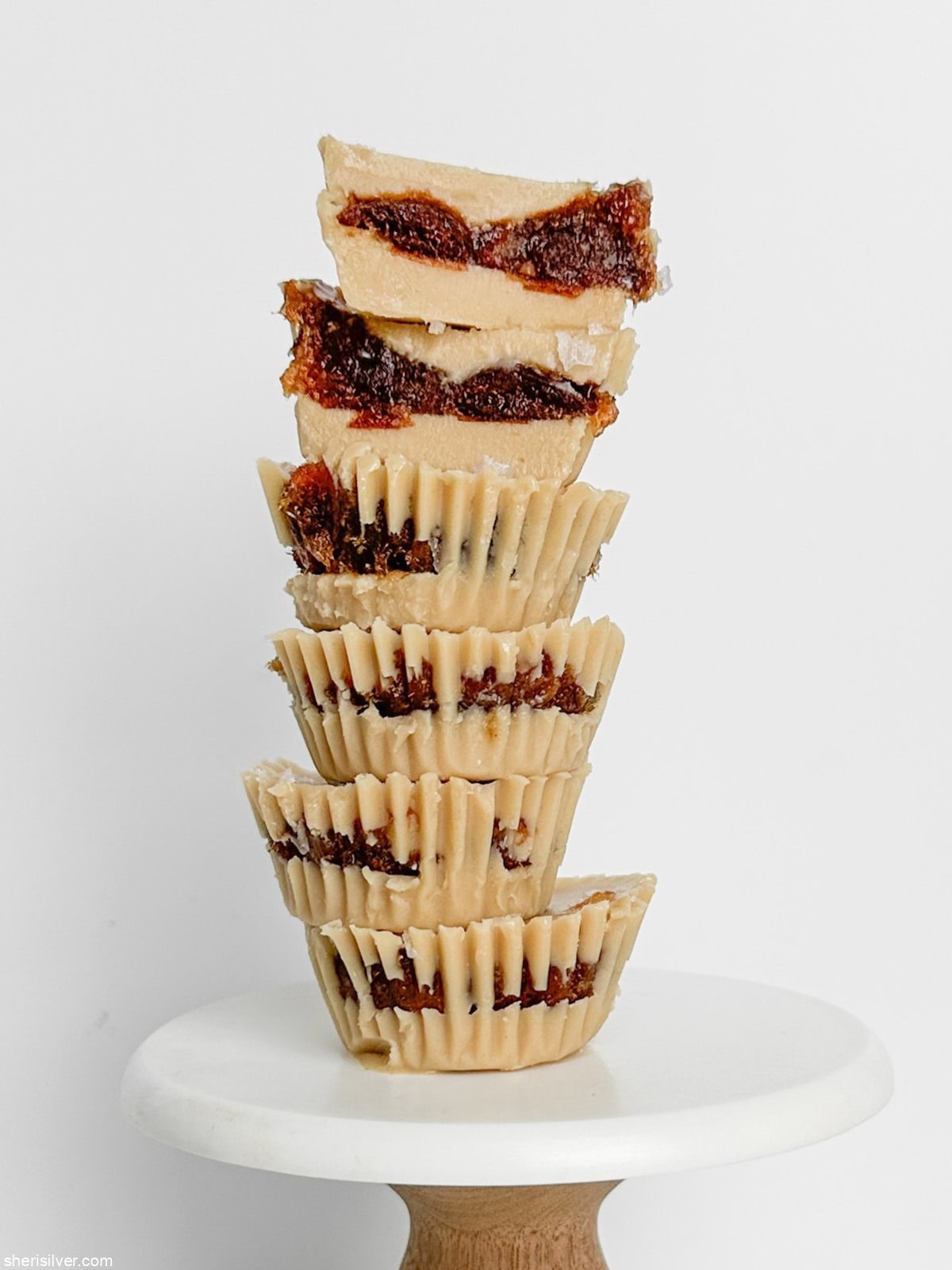 no bake tahini bites on a mini cake stand