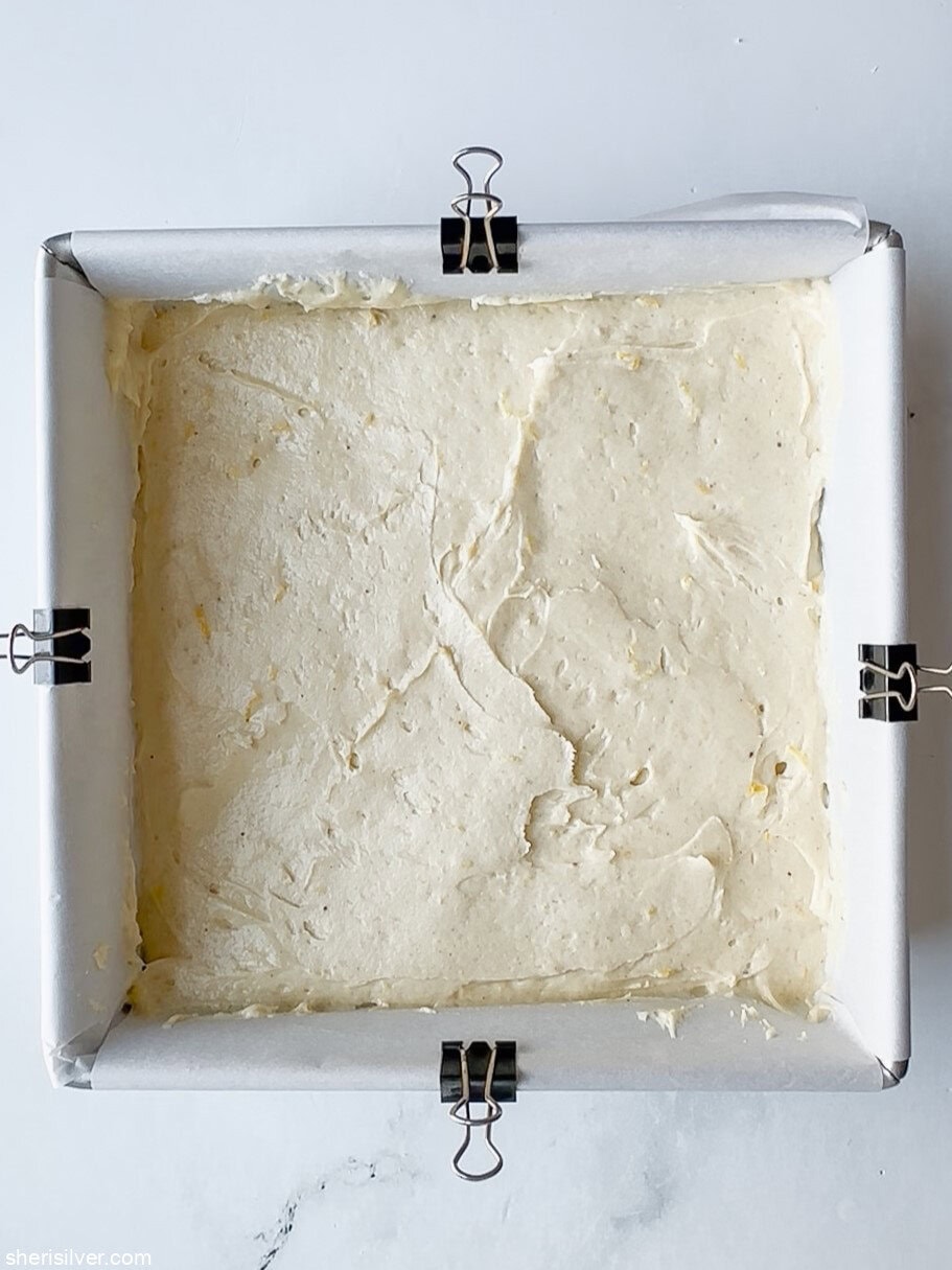 batter layer for spiced coffee cake with raspberry curd