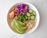 smoked salmon rice bowl in a white bowl