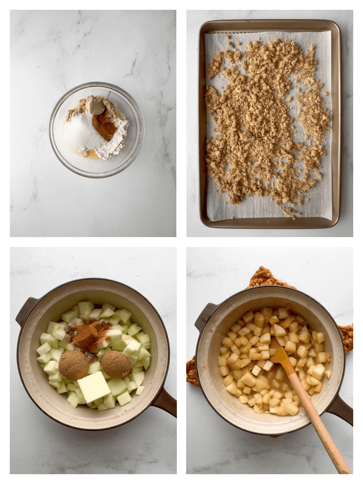 Four-step collage showing streusel and apple filling prep: ingredients in a glass bowl, streusel spread on a parchment-lined baking sheet, cooked apples in a brown ceramic saucepan on a woven pot holder, and raw apple filling ingredients in the same saucepan.