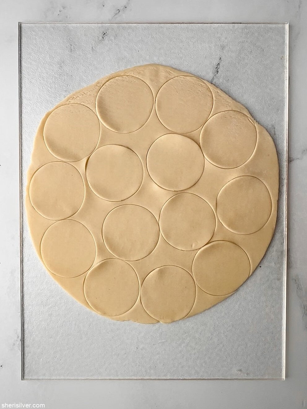Rolled-out pie crust with twelve 2½-inch circles cut out on a clear plastic cutting board.