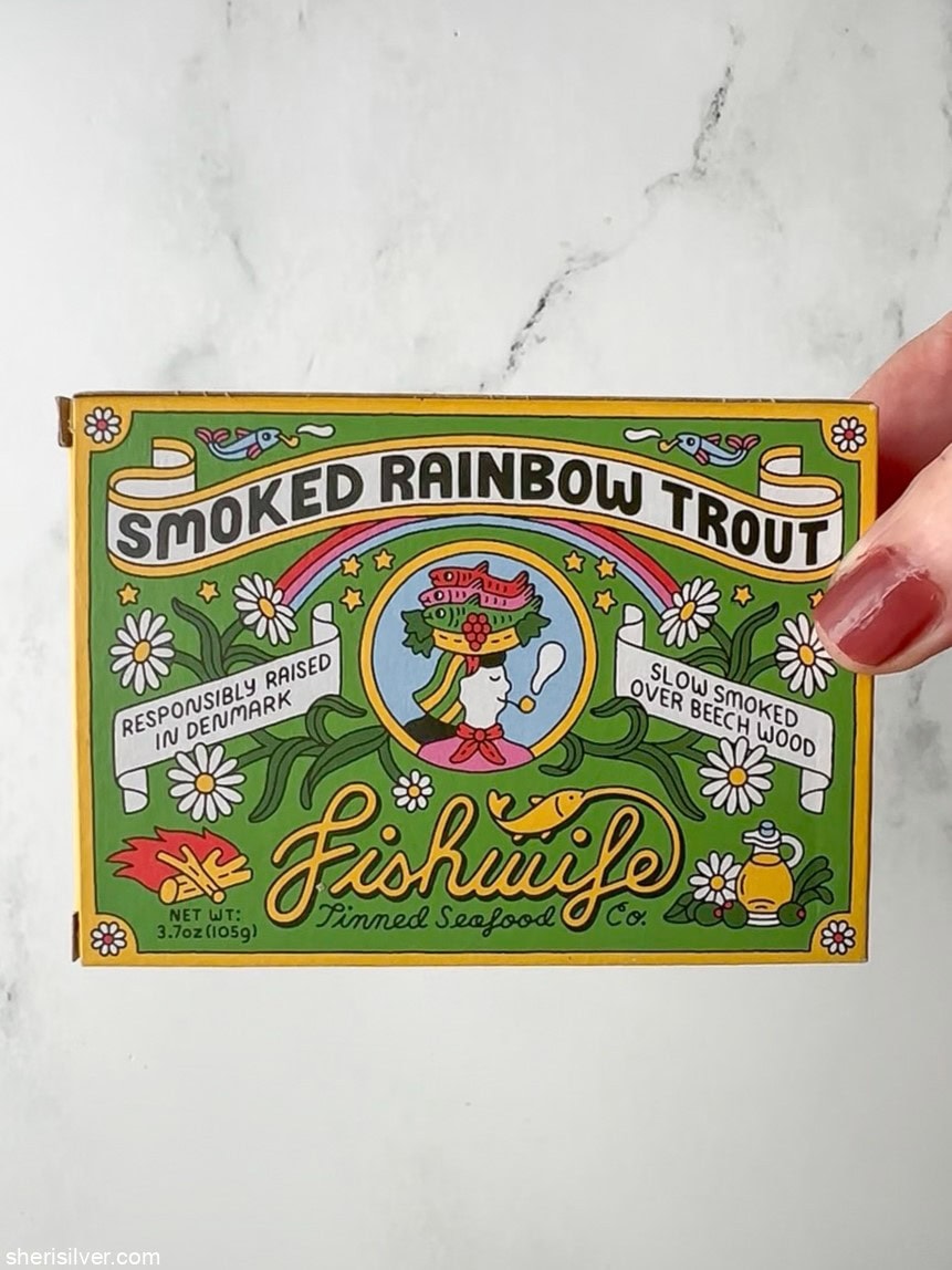 Close-up of Fishwife Smoked Rainbow Trout packaging.